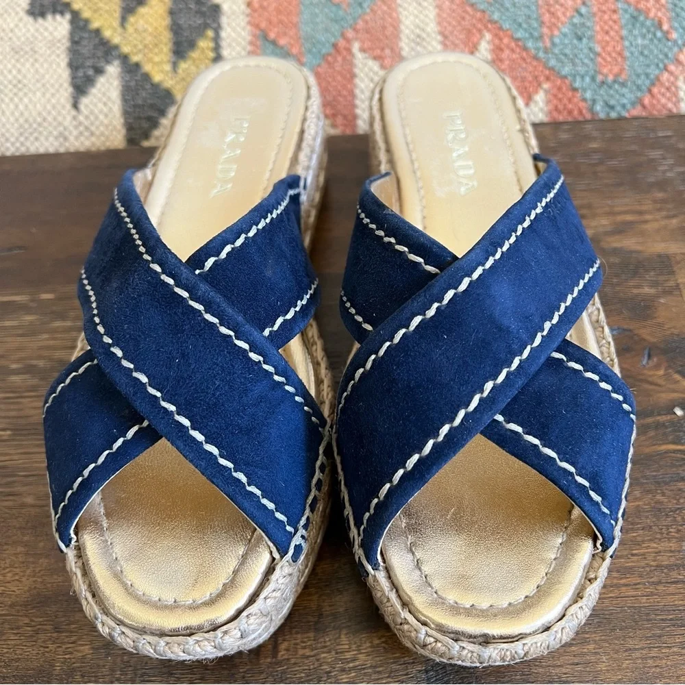 PRADA Blue Suede Exposed Stitch Crisscross Platform Sandals Espadrilles 37.5